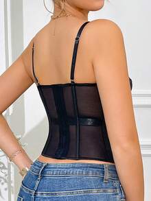 RAHQ Áo croptop nữ màu đen xuyên thấu bằng vải lưới, dây đeo có thể điều chỉnh, cổ áo hình trái tim, eo khoét xương, thích hợp mặc mùa hè. - màu đen - Xem 6
