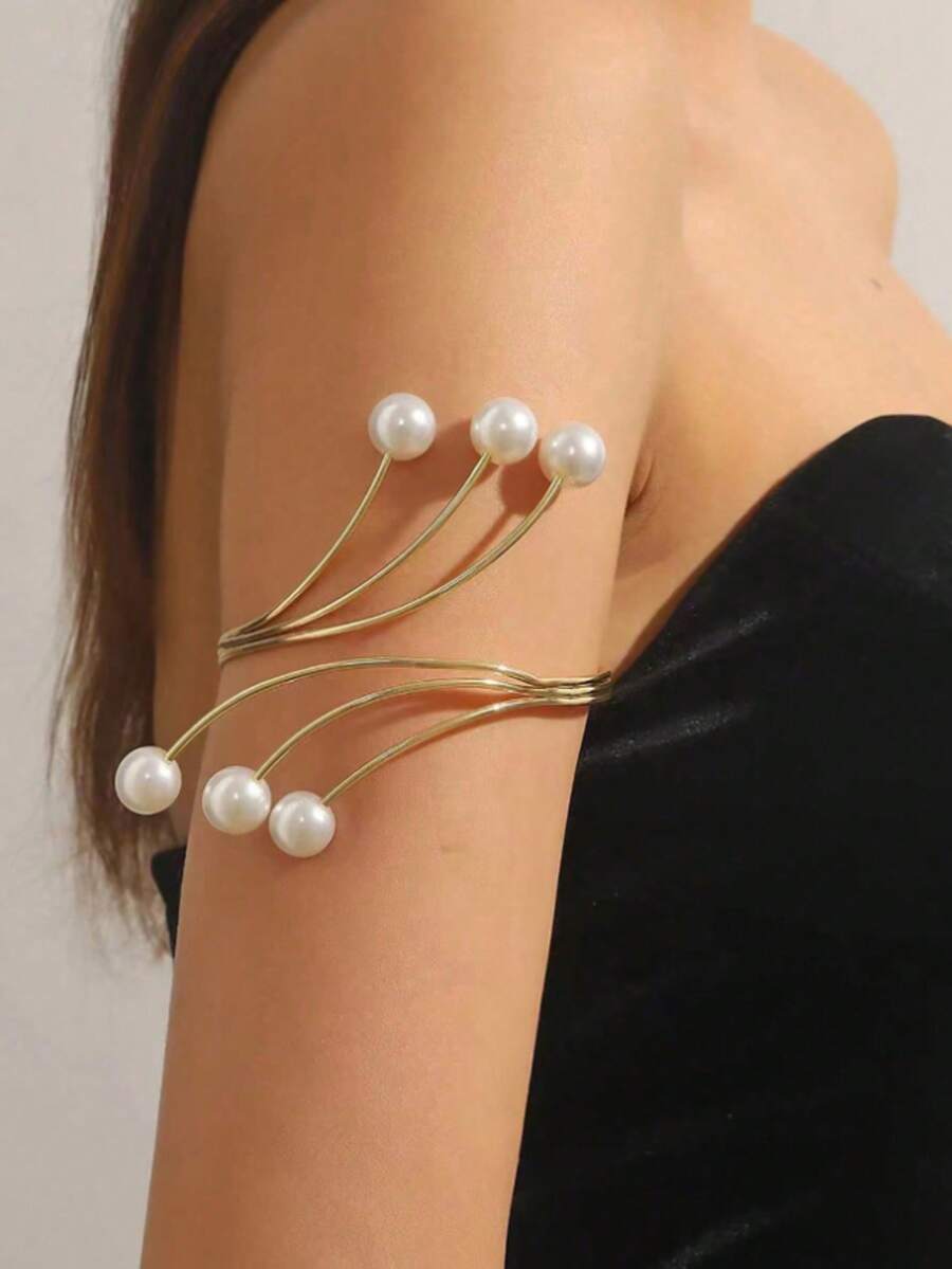 1pc Fashionable White Pearl Minimalist Bracelet, Luxury Elegant Design, Suitable For Daily And Workplace Wear - Gold - View 1