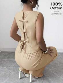 Conjunto de 2 piezas elegante con camiseta de tirantes con detalle retorcido en la espalda y pantalones de pierna ancha de unicolor para mujer - Caqui - Ver 3