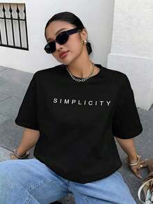 Camiseta de manga corta con cuello redondo, estampado de letras, corte holgado informal, estilo streetwear, blanca - Camiseta unisex de algodón holgado de manga corta con cuello redondo, estilo vintage urbano, ropa deportiva estilo Y2K, 100% algodón, tejido suave, manga corta. 1 camiseta. - Negro - Ver 9