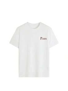 Kvinnors krämfärgade, löst sittande "Paris Love"-t-shirt med blommönster, rund halsringning och korta ärmar, avslappnad passform, parisisk stil, romantisk, stadspromenad, dejtkväll, körsbärsblomssäsong, brunch-outfit, vår-/sommarlov, vit sommaroutfit för kvinnor. - Weiss - Visa 3