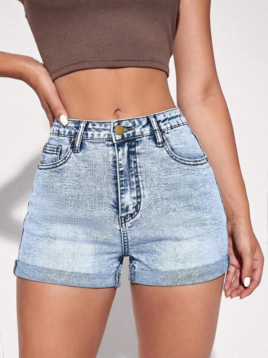 Shorts vaqueros casuales con bolsillos y puños para mujer - Lavado ligero 2 - Ver 1