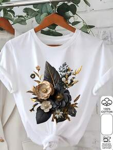 Camiseta de manga corta estampada para mujer - Diseño verde y dorado, cuello redondo, estilo casual, transpirable, ideal para primavera y verano, lavable a máquina, corte regular, textura suave. - Negro - Ver 10