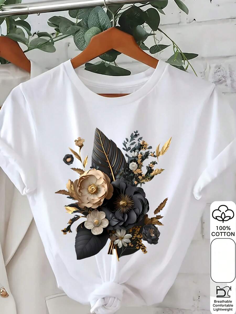 Camiseta Mujer Manga Corta Cuello Redondo, Estampado Verde y Dorado, Corte Regular, Tela Suave Transpirable, Lavable a Máquina, Ropa Primavera Verano 2. - Blanco - Ver 1