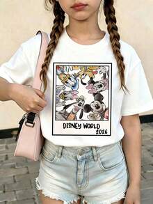 Disney World 2026 Character Collage Printed Summer T-Shirt, Suitable For Both Boys And Girls, Ideal For Holiday Parties, Gatherings, Outdoor Activities, Trips, And Perfect As A Kids' Souvenir For A Disney Visit. - 白色 - 查看 1