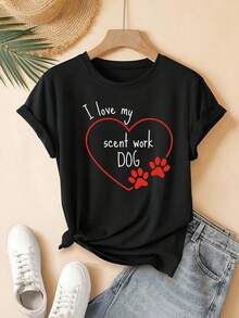 Korean Style Summer Casual T-Shirt With Round Neck - Suitable For Hot Weather, Breathable And Odor-Resistant, Dog Print, Machine Washable, Casual Wear And Outfits For Dog Lovers - 黑色 - 查看 1