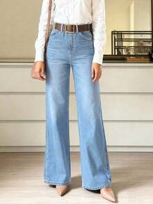 Pantalones vaqueros elásticos de pierna recta, elegantes y de moda, casuales y versátiles, pantalones vaqueros de pierna ancha y acampanada para mujer, color negro de primavera - Lavado ligero - Ver 4