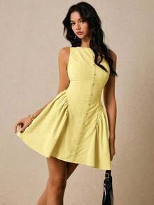 Vestido mini de mujer con cuello de barco, sin mangas, plisado, parche de un solo botonadura y unicolor - Albaricoque - Ver 11
