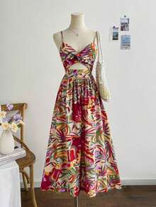 Vestido midi de línea A con tirantes spaghetti, cintura anudada y escote en v para mujer WYWH, estampado tropical en vestido camisero - Multicolor 5 - Ver 1