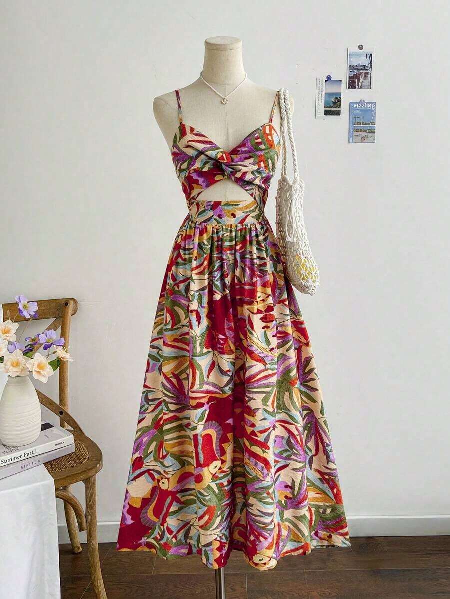 Vestido midi de línea A con tirantes spaghetti, cintura anudada y escote en v para mujer WYWH, estampado tropical en vestido camisero - Multicolor 5 - Ver 1