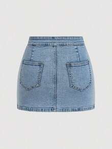 Minifalda de mezclilla cargo con bolsillo tipo flip de moda callejera casual de verano para mujeres - Azul 2 - Ver 2