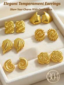 Gold-Plated Lady's Declaration Earrings, A Fashionable And Elegant Set Of Lady's Earrings, Including Flower Earrings, Conch Earrings, Asymmetrical Wave Earrings, Asymmetrical Ring-Shaped Earrings, Rectangular Pleated Earrings And Other Geometric-Shaped Earrings, With Unique Texture Design, Thick Gold-Plated Thick Gold Declaration Earrings - Earring Set - View 4