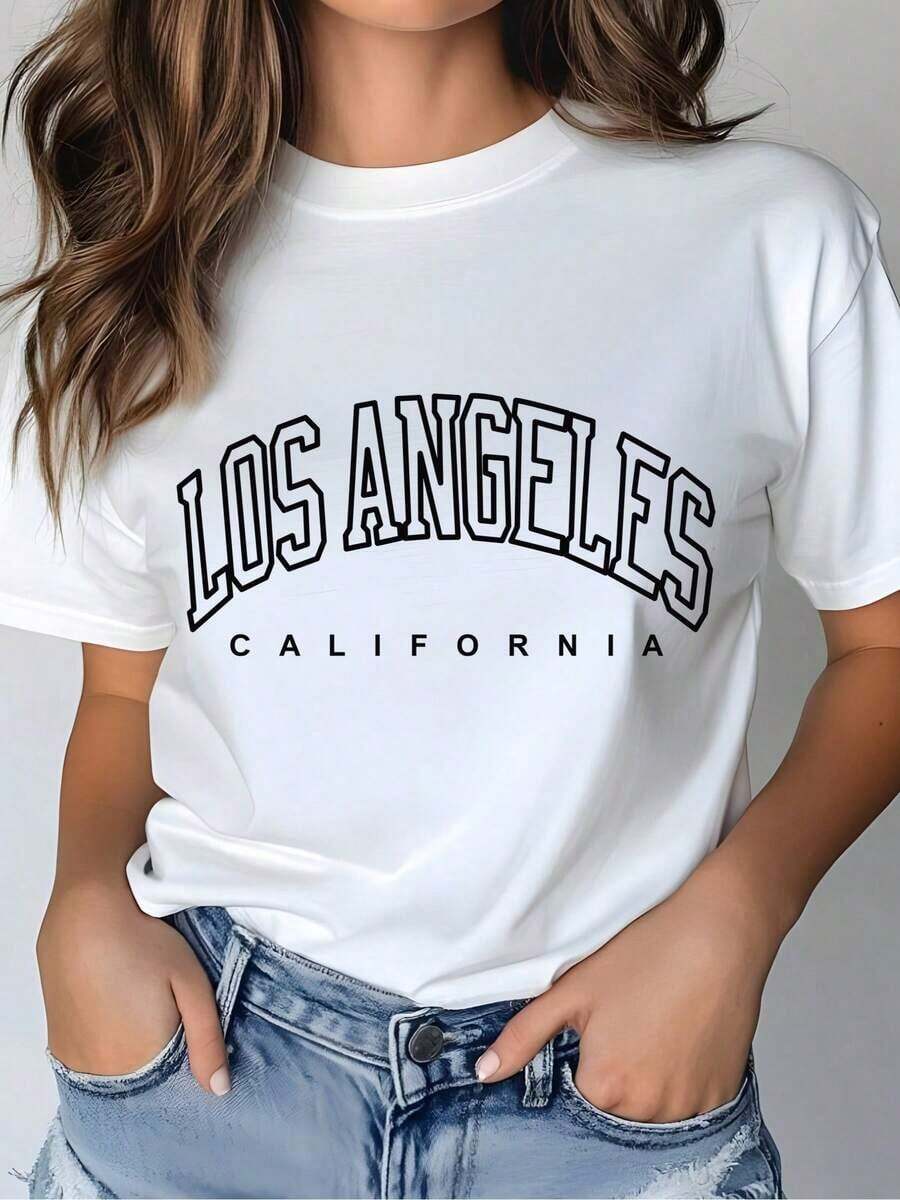 Camiseta suave con estampado gráfico de Los Ángeles para mujer, camiseta casual de manga corta, 1 pieza, 100% de tela pesada - Cuello redondo cómodo, camiseta suave y linda, blusas elegantes para dama. - Blanco - Ver 1