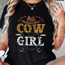 Plus Size, Women's Plus Size Cow Graphic Print T-Shirt, Short Sleeves And Round Neck, Casual Top For Summer And Spring, Women's Clothing - 黑色 - 查看 1