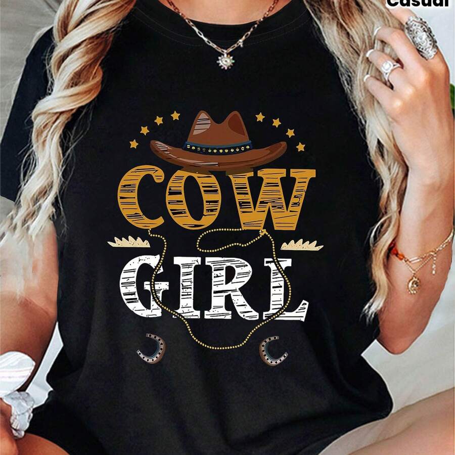 Plus Size, Women's Plus Size Cow Graphic Print T-Shirt, Short Sleeves And Round Neck, Casual Top For Summer And Spring, Women's Clothing - 黑色 - 查看 1