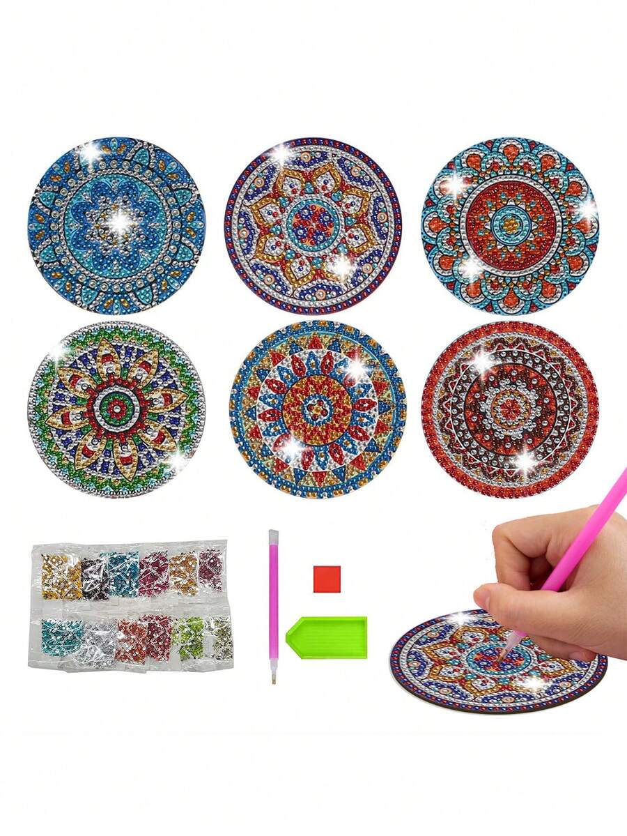 6件套钻石画杯垫套装，手工曼陀罗花卉钻石艺术杯垫，隔热餐垫，适合成人和初学者，钻石画用品，1套