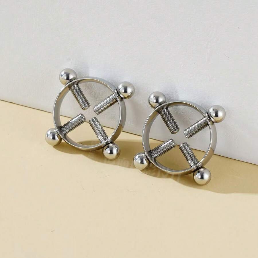 2 chiếc khuyên núm vú giả bằng bạc không cần xỏ lỗ, có kẹp điều chỉnh bằng vít, làm bằng thép không gỉ, trang sức xỏ khuyên núm vú giả dành cho phụ nữ. - 1 đôi bạc - Xem 1