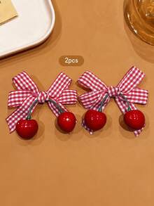 2pcs Red Cherry Bow Hair Clips, Sweet Style Hair Accessories Suitable For Daily Use - Multicolor - View 5