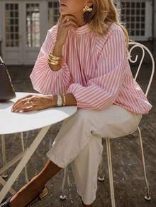 Women's Elegant Casual Striped Shirt - Tie Collar, Lantern Sleeves, Loose Fit, Pleated Design Pink - Pink - View 3