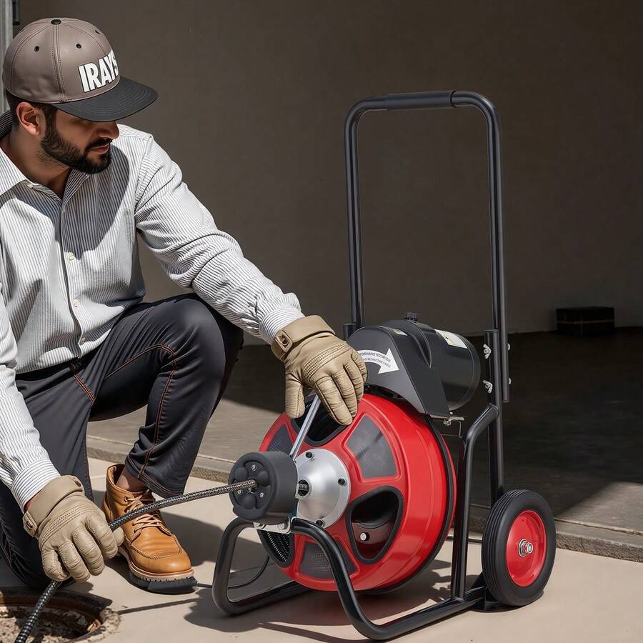 Drain Cleaner Machine 100 FT X 1/2 Inch, Auto Feed Sewer Snake Auger On Wheels, Portable Drain Cleaning Machine With 4 Cutters & Air-Activated Foot Switch For 2" To 6" Pipes - 查看 1