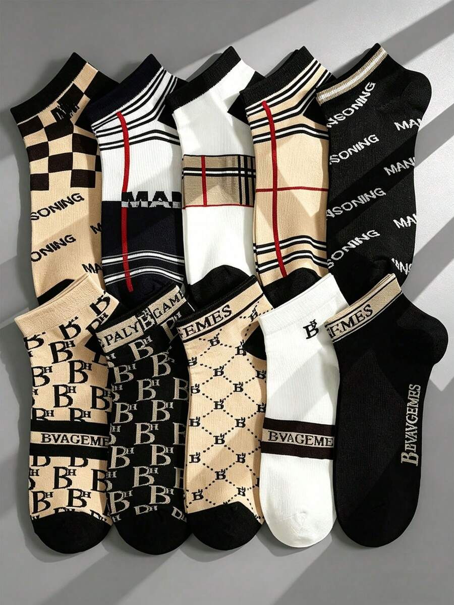 1/5/10 Pairs Men's Fashion Low-Cut Socks, Men's Fashion Classic GG Pattern Boat Socks, Luxury Style Socks, Suitable For All Seasons - Multicolor - View 1