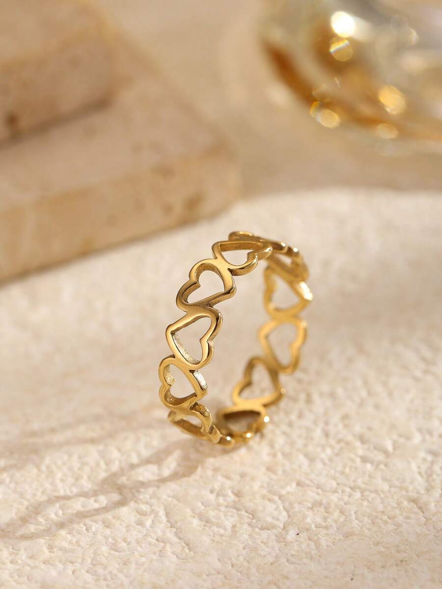 1 chiếc nhẫn hình trái tim rỗng tối giản bằng thép không gỉ, thích hợp cho nữ giới đeo hàng ngày hoặc làm quà tặng. - Vàng - Xem 1
