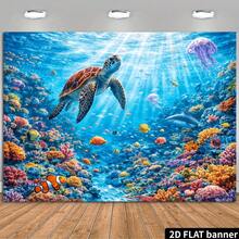 2D立体深海海龟背景，海龟在深海灯光下自由游动，周围环绕着生机勃勃的珊瑚和五彩缤纷的鱼群，采用优质涤纶面料，易于清洁，适用于各种场景。 - 24 - 查看 1