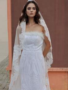 1 pieza Velo de novia de encaje de poliéster estilo bohemio con peine, largo 300cm (118 pulgadas) con cola de catedral, accesorio de boda, velo para fiesta de mujeres - Multicolor - Ver 2