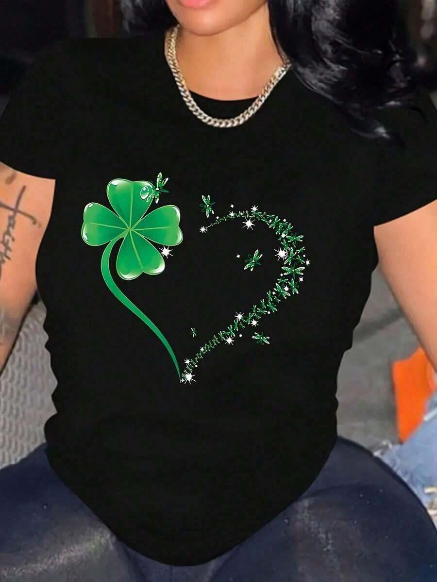 1 pcsAlgodón Camiseta Informal De Cuello Redondo Para Mujer, % Algodón, Con Estampado Gráfico De Trébol De Dibujos Animados, Manga Corta, Para Primavera/Verano.180g 100% Cotton - Negro - Ver 1