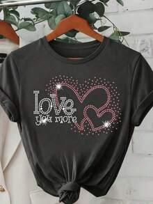 Women's Casual Short Sleeve T-Shirt With Round Neck And Heart-Shaped Rhinestone Design - 深灰色 - 查看 9