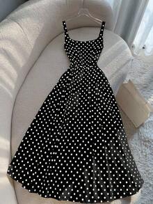 Vestido largo de tirantes finos con estampado de lunares en estilo vintage francés para playa y vacaciones - Negro - Ver 6