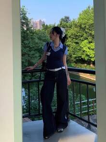 復古美式風 2 合 1 拼接短袖上衣，修身休閒性感女款夏季襯衫，送給她的禮物 - 藏蓝色 - 查看 5