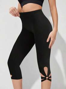 Leggings con aberturas para mujer, mezcla de poliéster, pantalones capri ajustados de cintura alta, color liso, tejido de punto, para todas las estaciones - Negro - Ver 3