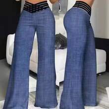 Pantalones acampanados de pierna ancha para mujer, pantalón informal entrecruzado con parche de malla transparente, pantalones de cintura alta, ropa de calle Y2k, pantalón de trabajo elegante, otoño - BLANCO - Ver 3