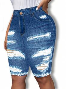 Shorts de Motociclista con Aspecto de Mezclilla Azul Oscuro, Talla Grande, Cintura Alta, Elásticos, Ajustados, Shorts de , Pantalones Cortos de Compresión Sin Mezclilla - WP-7208 - Ver 3