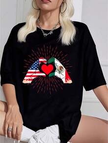 Camiseta de Corazón con Bandera de EE.UU.y México - Camiseta de Corazón Mexicano 2026 Nuevo estilo camiseta de mujer patrón de verano camiseta superior Camiseta de mujer A20O - Negro - Ver 7