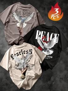 Prenda individual, no un conjunto de 3 piezas, Conjunto de 1 camiseta de cuello redondo con estampado para hombre, Conjunto de 3 piezas de manga corta informal de verano para hombre - Caqui - Ver 10