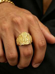 1pc Luxury Fashion Ring, Copper Gold St. Benedict Exorcism Ring, Men's Hip Hop Rapper Jewelry, Suitable For Wedding Gift - Yellow Gold - View 2
