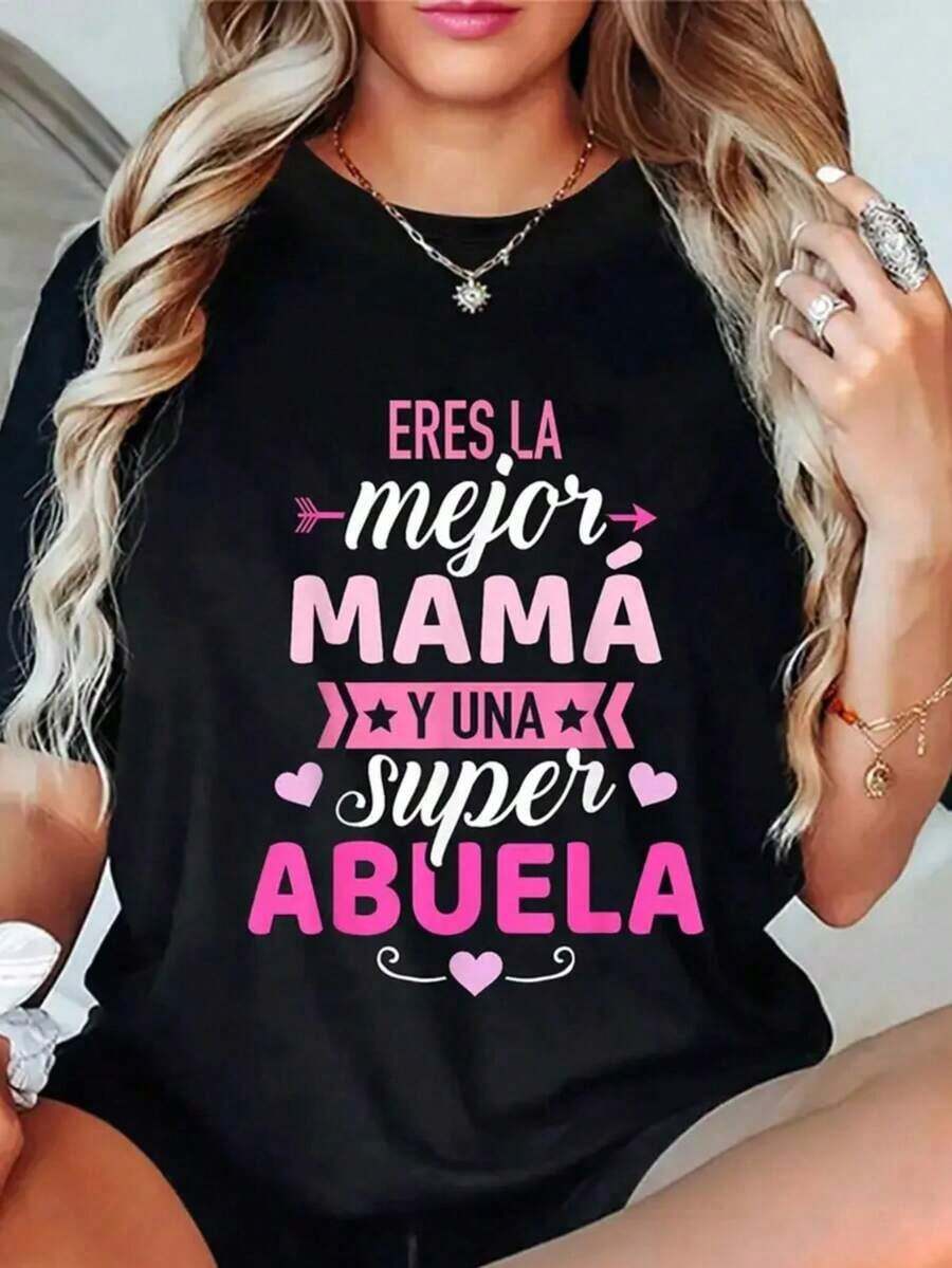 Women's 100% Cotton T-Shirt, Printed With A "Super Grandma" Design, Round Neck, Short Sleeve, Letter Design, Casual Summer Clothing For Being At Home. - 黑色 - 查看 1