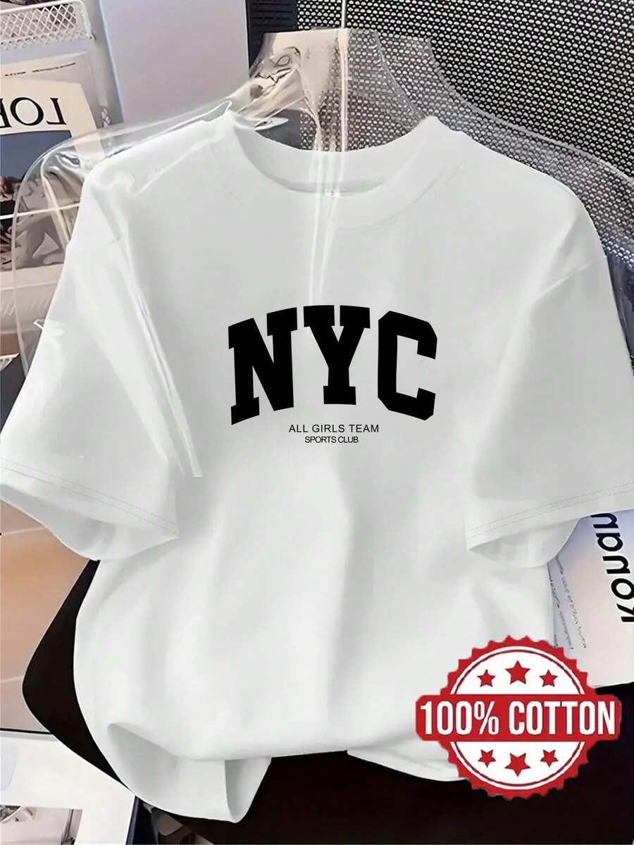 |   Diseño exquisito |   Suelto y cómodo |   Fácil de combinar | TH395 nueva camiseta para mujer, diseño con la letra "NYC", camiseta estampada casual y a la moda, 100% algodón, cuello redondo, mangas cortas, absorbente de sudor y transpirable, ropa de casa casual, cómoda, elegante y única, adecuada para primavera, verano y otoño, camiseta deportiva versátil de manga corta, transpirable y absorbente de sudor, también se puede usar como capa base en otoño e invierno. - Blanco - Ver 1