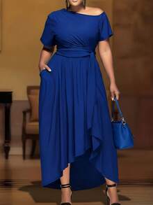 Plus Size Women's Asymmetric Knit Short Sleeve Midi Dress, Fashionable, Comfortable And Elegant, Suitable For Women's Summer Vacation And Beach Wear - Blue - View 10