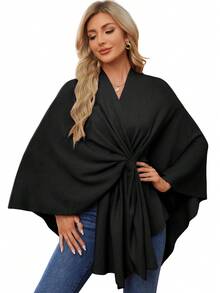 Women's Elegant Shawl Scarf, Soft Open Front Poncho Style Sweater, Suitable For Spring, Autumn & Winter - Black - View 7