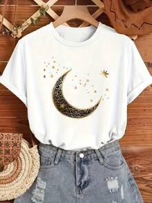 Women's Short-Sleeved Cotton T-Shirt With Moon Print And Round Neck, Casual Short-Sleeved Top For Spring And Summer, Women's Clothing. - 白色 - 查看 1