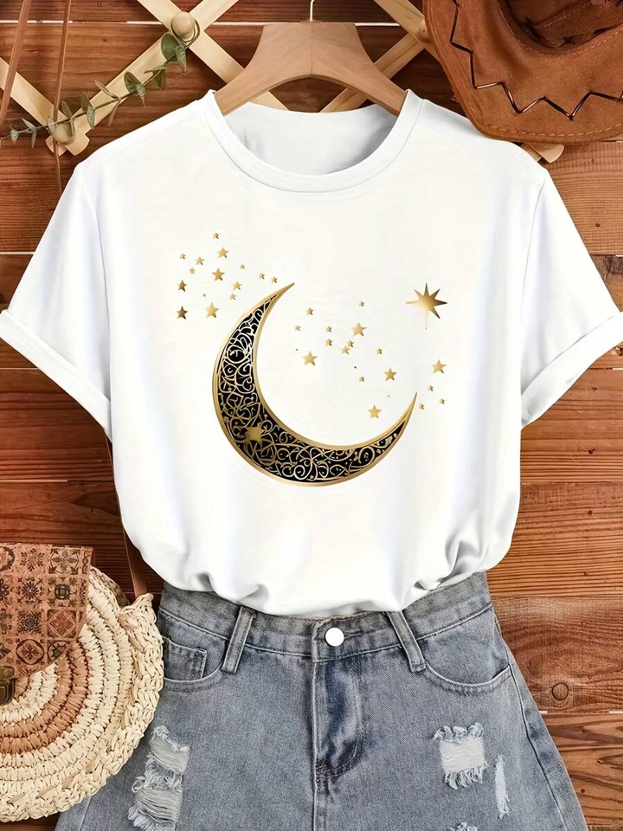 Women's Short-Sleeved Cotton T-Shirt With Moon Print And Round Neck, Casual Short-Sleeved Top For Spring And Summer, Women's Clothing. - 白色 - 查看 1