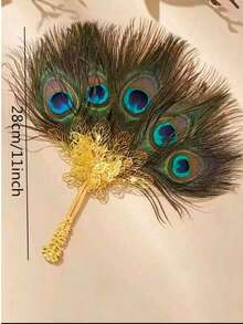 1pc Elegant Hand-Held Peacock Feather Fan, Suitable ForWeddings And Formal Occasions, No Power Supply Needed,Peacock Feather Design, Wedding Accessory,Festival,Accsesories - Multicolor - View 5