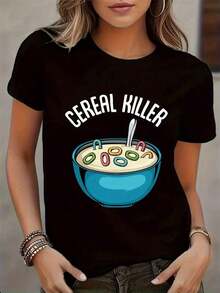Camiseta Casual de Manga Corta para Mujer con Divertido Estampado "Grain Killer" - Negra, Cuello Redondo, Lavable a Máquina, Estilo Primavera/Verano, Corte Regular |   Estilo Casual |   Tops con Estampados Atrevidos, Camisetas para Mujer - Negro - Ver 1