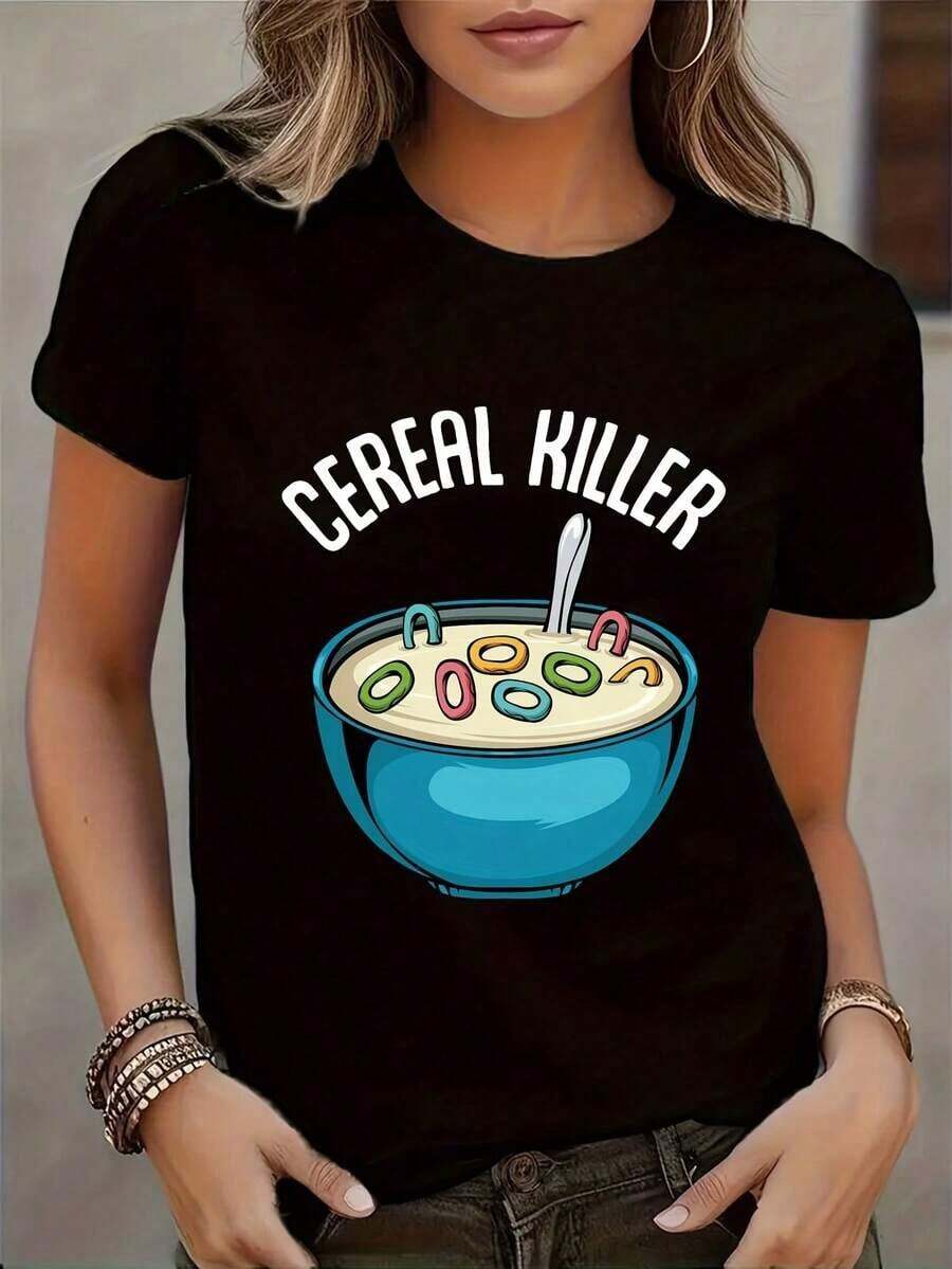 Camiseta Casual de Manga Corta para Mujer con Divertido Estampado "Grain Killer" - Negra, Cuello Redondo, Lavable a Máquina, Estilo Primavera/Verano, Corte Regular |   Estilo Casual |   Tops con Estampados Atrevidos, Camisetas para Mujer - Negro - Ver 1