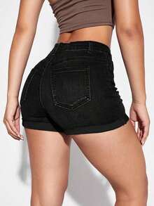 Shorts vaqueros casuales con bolsillos y puños para mujer - Negro 4 - Ver 2