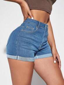 Shorts vaqueros casuales con bolsillos y puños para mujer - Azul lavado medio 2 - Ver 4