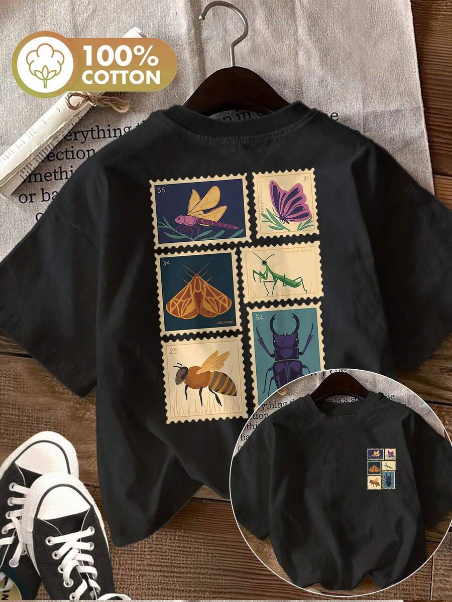 Women's Pure Cotton Double Side Print T-Shirt Vintage Insect Print Dragonfly Butterfly Bee Casual Short Sleeve Round Neck Tops For Spring/Summer, Yang K-T Shirt Damen - Black - View 1